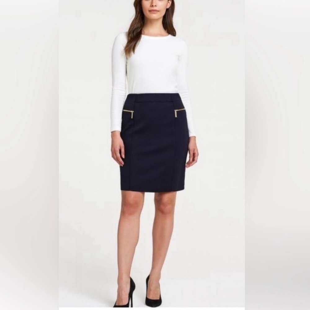 Michael Kors Black Pencil Skirt Gold Zip Detail Career Workwear Size 8